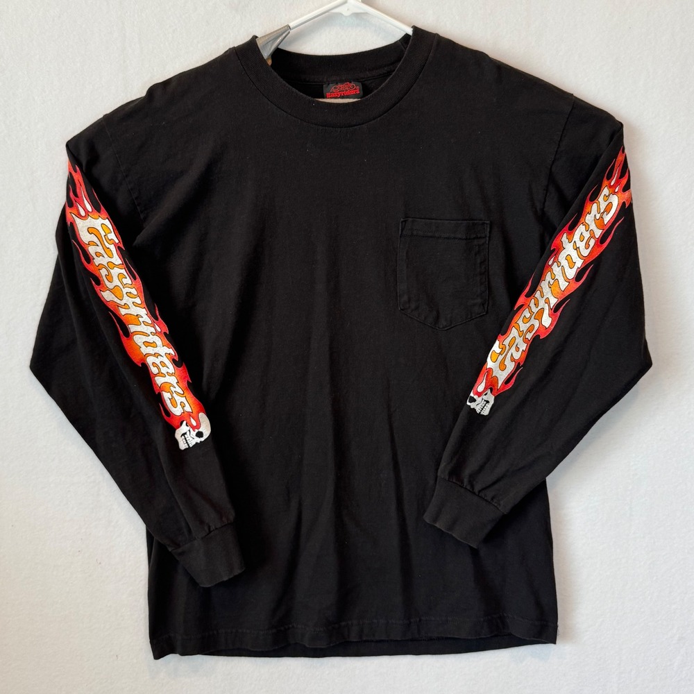 Easyriders of Dallas Long Sleeve‎ Pocket T-Shirt Black Flames Skull Mens Large